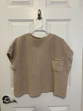 Free People Beige Crewneck Short-Sleeve Sweater with Pocket